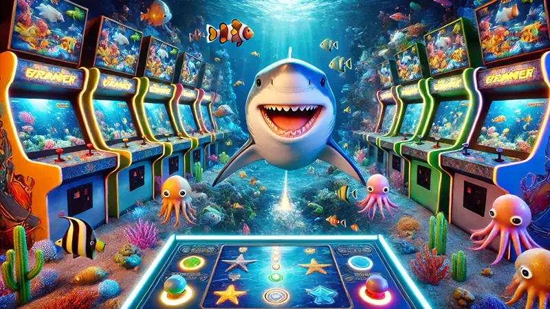 Target ikan berwarna-warni dan kontrol meriam dalam permainan arcade bawah laut